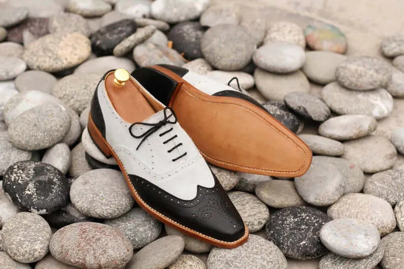 Awesome Handmade Men's Black White Leather Wing Tip Brogue Shoes, Men Dress Formal Shoes
