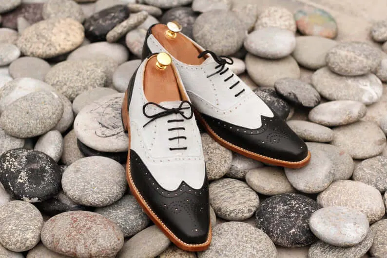 Awesome Handmade Men's Black White Leather Wing Tip Brogue Shoes, Men Dress Formal Shoes