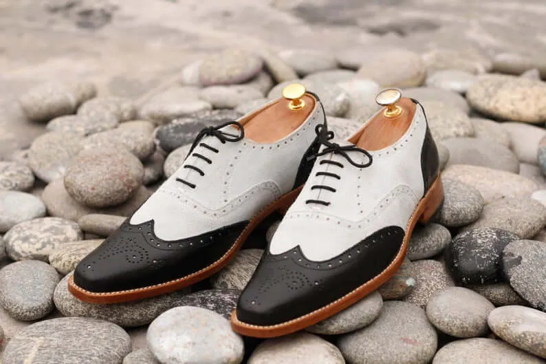 Awesome Handmade Men's Black White Leather Wing Tip Brogue Shoes, Men Dress Formal Shoes