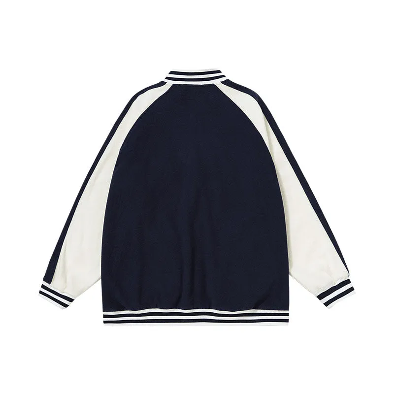 Color contrast patchwork rotator sleeve letter-tape embroidered baseball jacket with stand-up collar