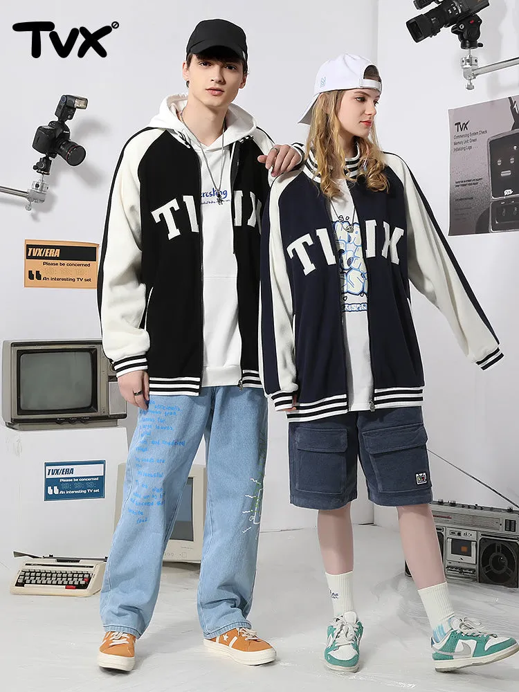 Color contrast patchwork rotator sleeve letter-tape embroidered baseball jacket with stand-up collar