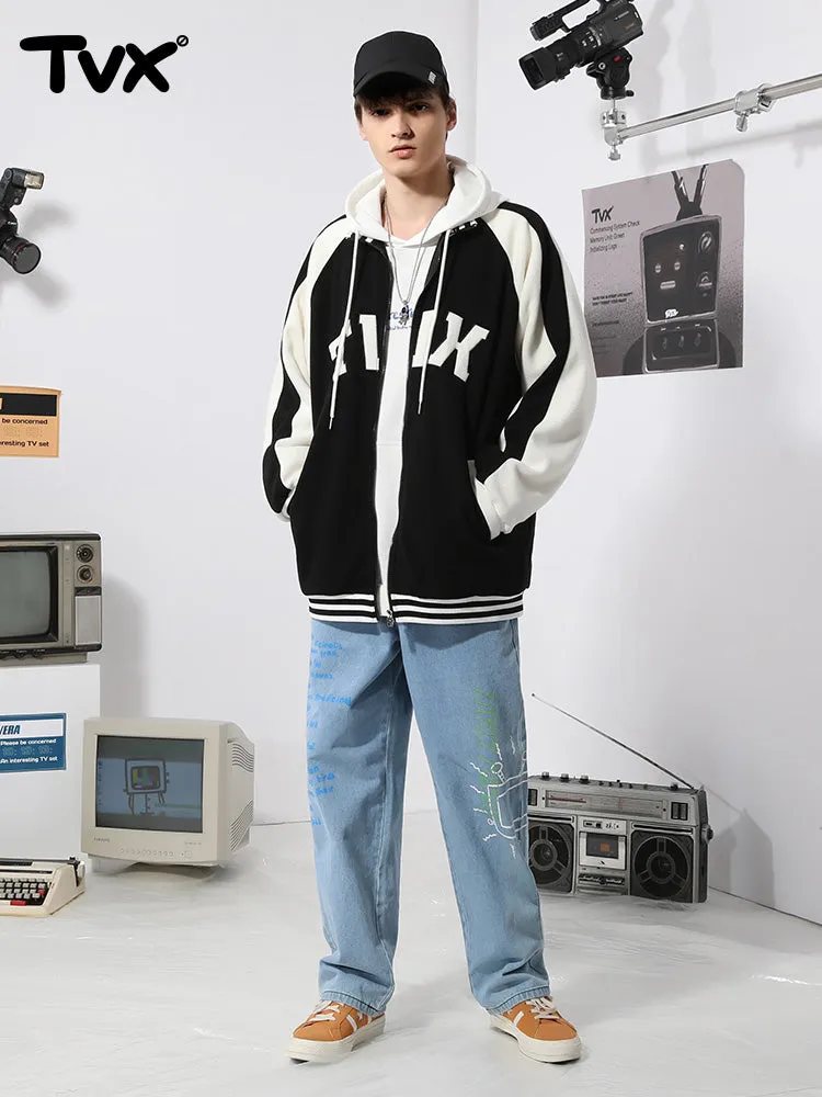 Color contrast patchwork rotator sleeve letter-tape embroidered baseball jacket with stand-up collar