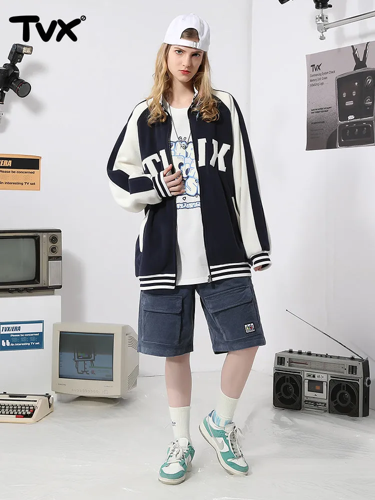 Color contrast patchwork rotator sleeve letter-tape embroidered baseball jacket with stand-up collar