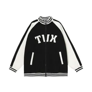 Color contrast patchwork rotator sleeve letter-tape embroidered baseball jacket with stand-up collar