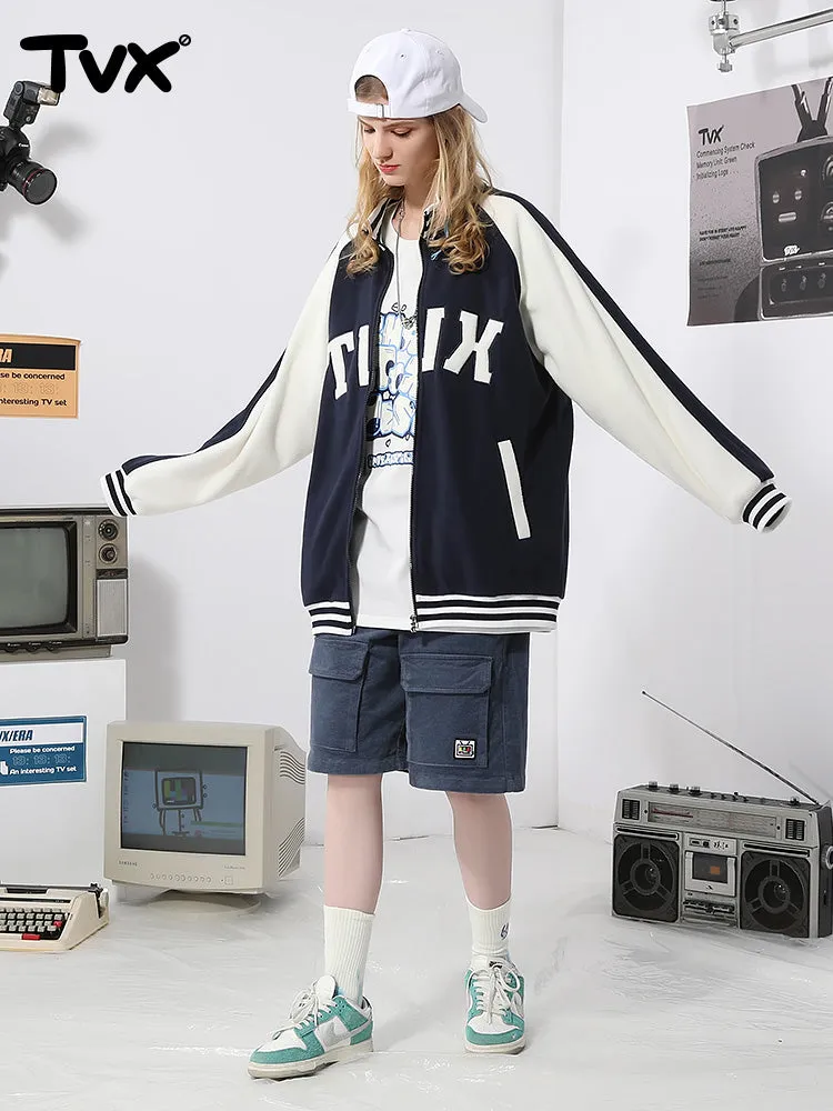 Color contrast patchwork rotator sleeve letter-tape embroidered baseball jacket with stand-up collar