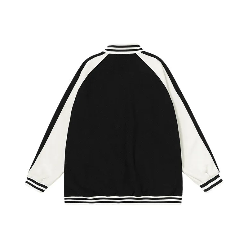 Color contrast patchwork rotator sleeve letter-tape embroidered baseball jacket with stand-up collar