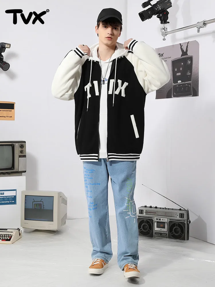 Color contrast patchwork rotator sleeve letter-tape embroidered baseball jacket with stand-up collar