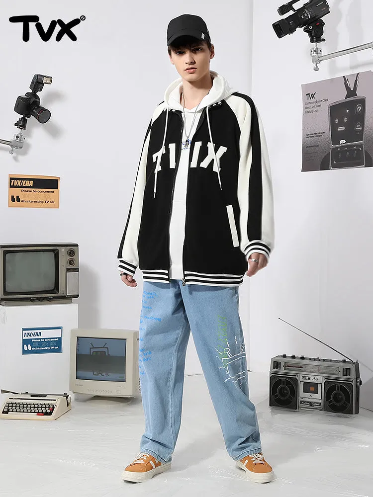 Color contrast patchwork rotator sleeve letter-tape embroidered baseball jacket with stand-up collar