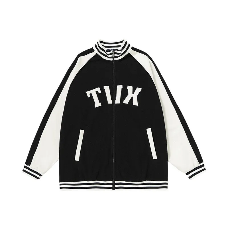 Color contrast patchwork rotator sleeve letter-tape embroidered baseball jacket with stand-up collar