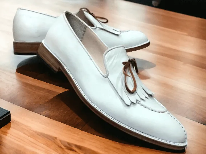 Elegant Handmade Men's White Leather Fringed & Tassel Dress Shoes