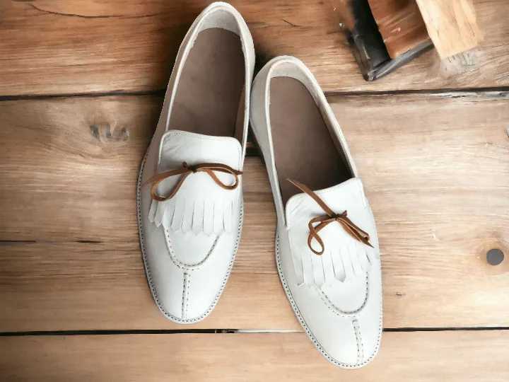 Elegant Handmade Men's White Leather Fringed & Tassel Dress Shoes