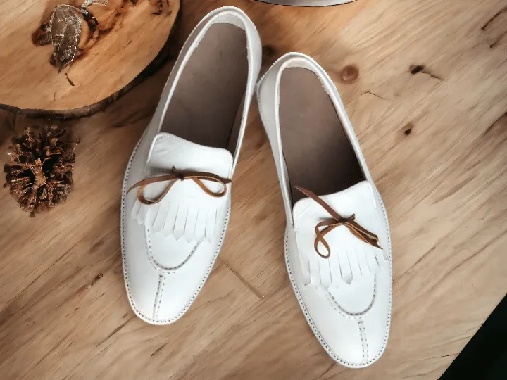 Elegant Handmade Men's White Leather Fringed & Tassel Dress Shoes
