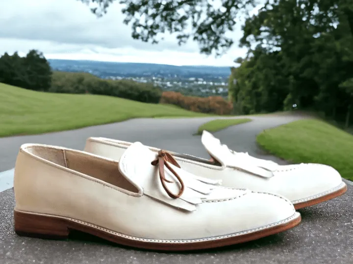 Elegant Handmade Men's White Leather Fringed & Tassel Dress Shoes