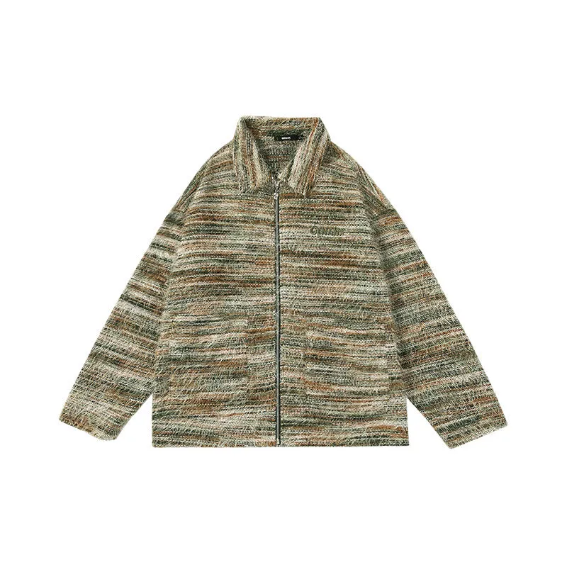 【GENANX2024NEW】American vintage windmill striped plush letter Logo embroidered drop cuff jacket
