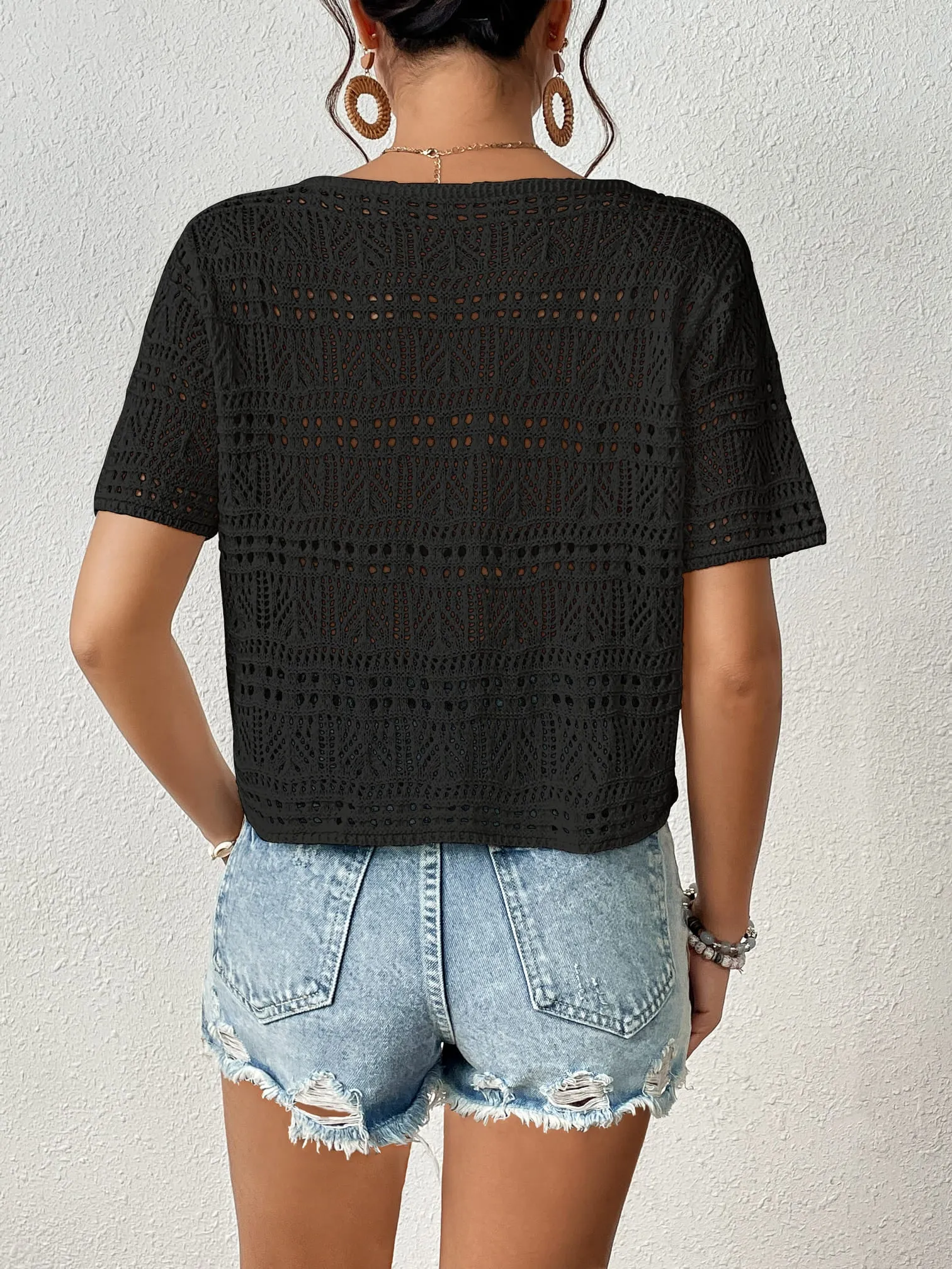 Short Sleeve Crochet Swim Cover Up for Women
