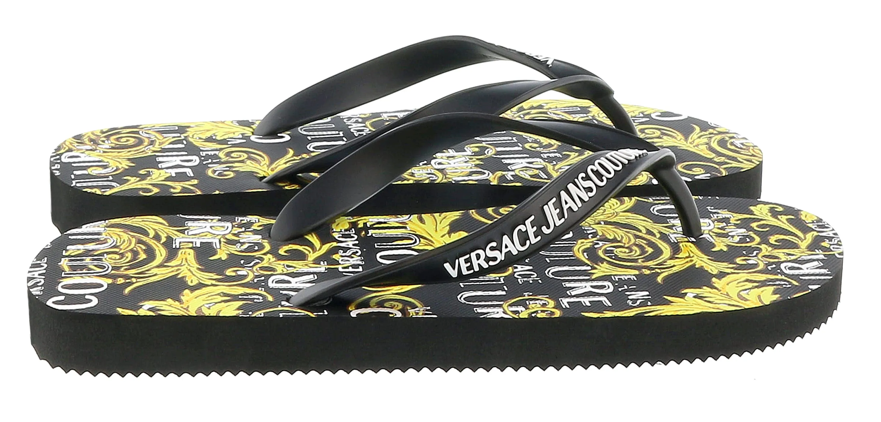 Versace Jeans Couture Black Gold Baroque Signature Print  Fashion Flip Flop-