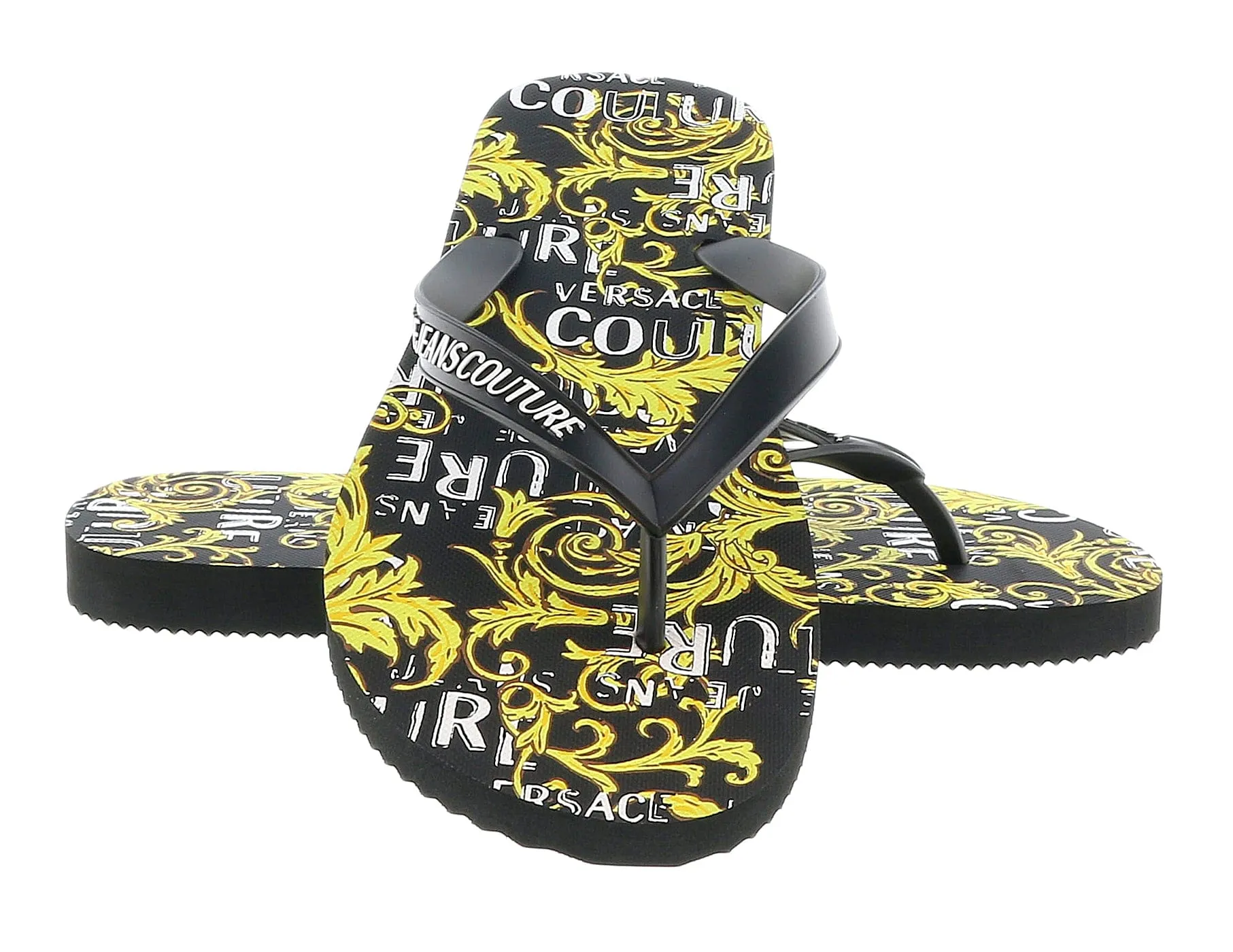 Versace Jeans Couture Black Gold Baroque Signature Print  Fashion Flip Flop-