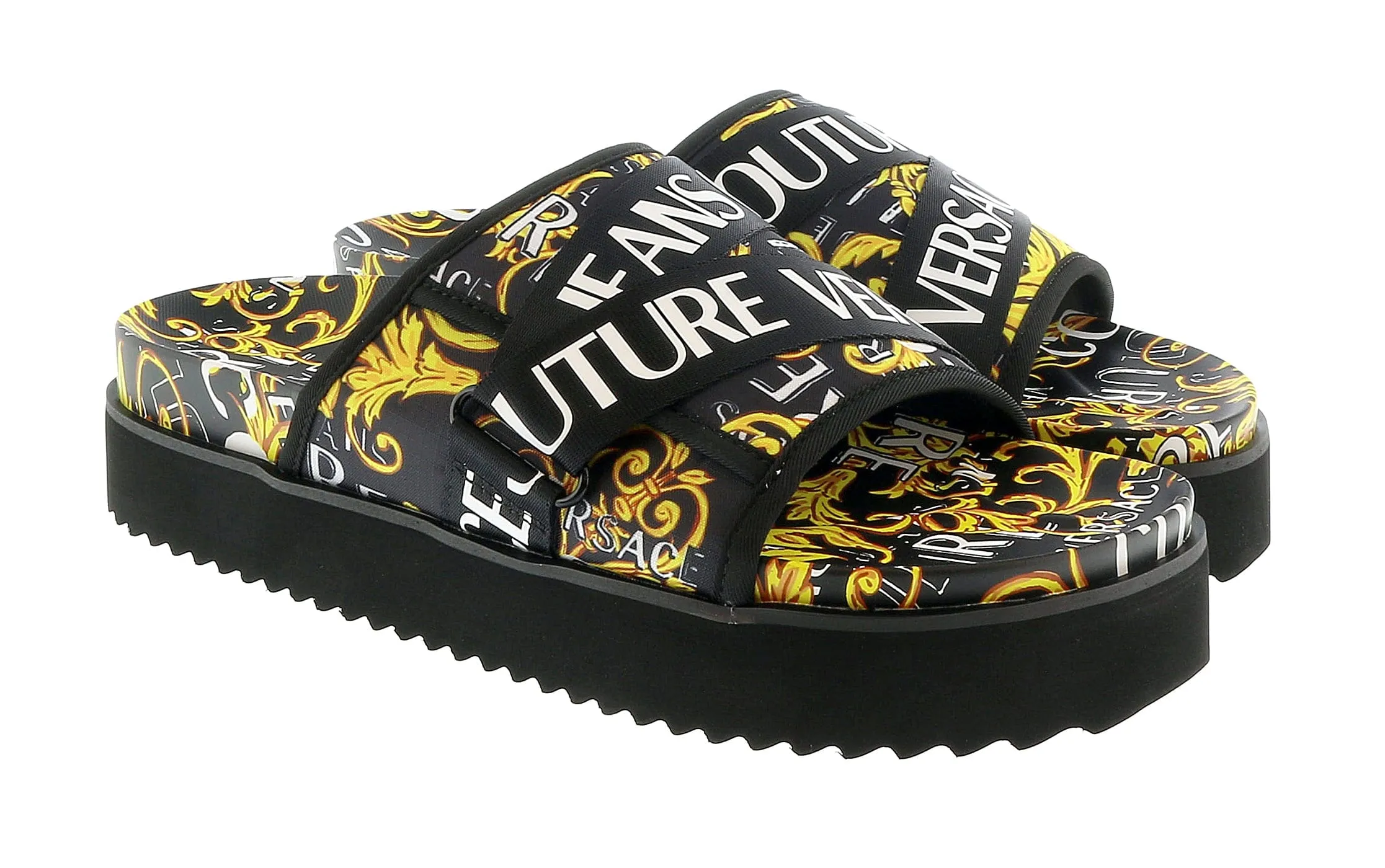 Versace Jeans Couture Black Gold Signature Strap On Fashion Beach Sandal-