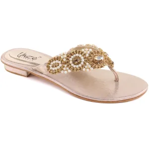 Women “TAFFY” Pearl Decorated Sparkle Stones Thong Slip On Flat Shoes